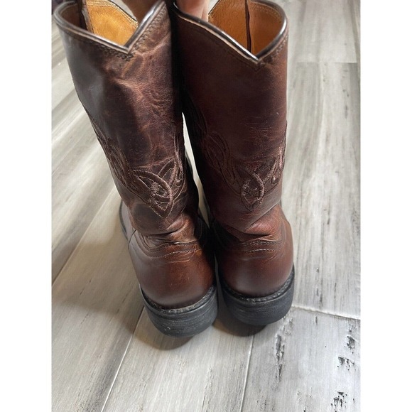 Men\'s Justin Leather Cowboy Boots Embroidered Round Toe Brown Size 10